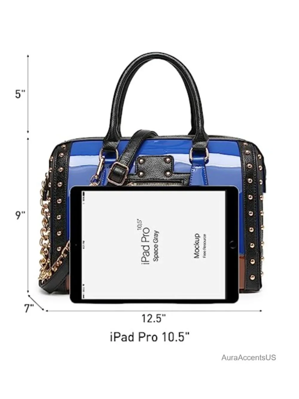 Women's Shiny Patent Faux Leather Barrel Satchel Handbag Rivet Decor Top Handle